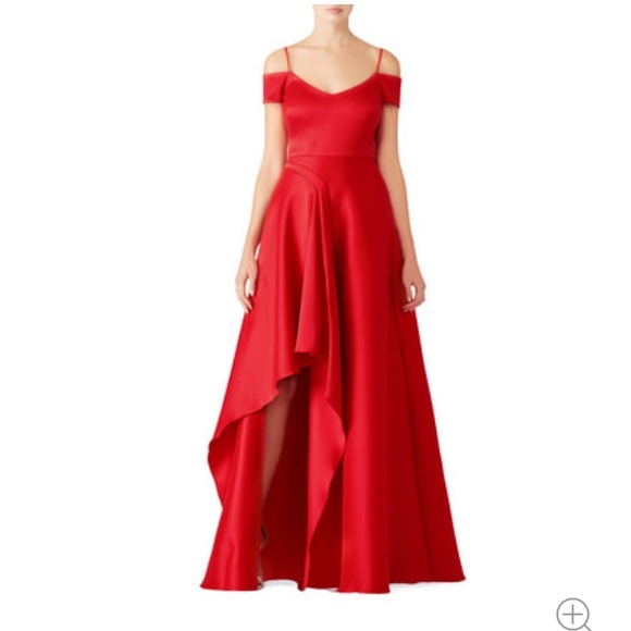 Bagley Mishka red asymmetrical gown off shoulder - Picture 4 of 14
